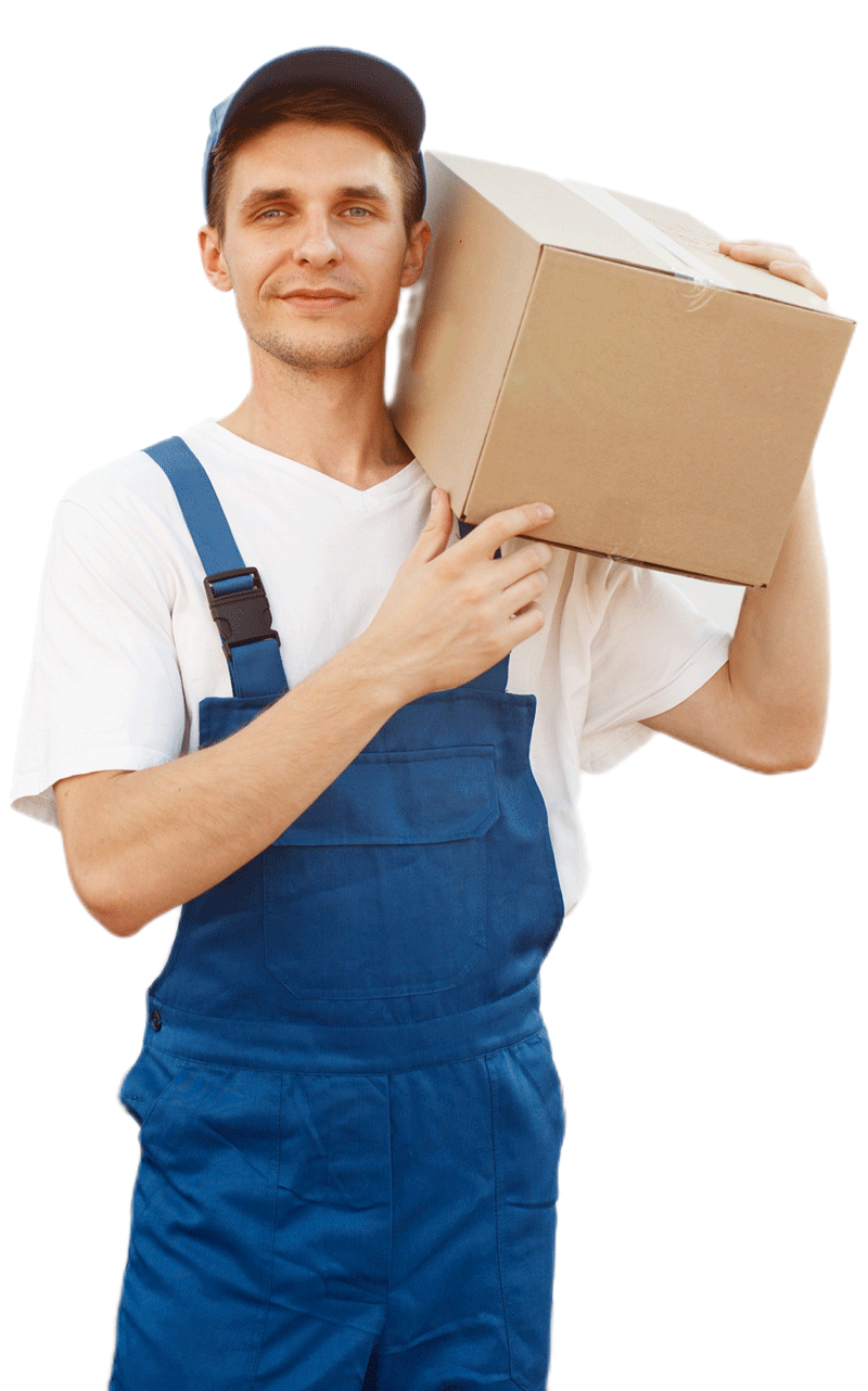 Deliveryman in Uniform Holds Carton Box